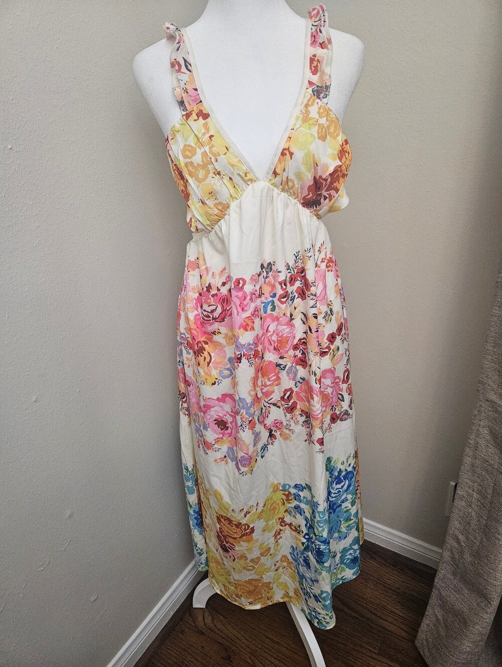Cream Floral V-Neck Maxi Dress with Pink Yellow Blue Accents
